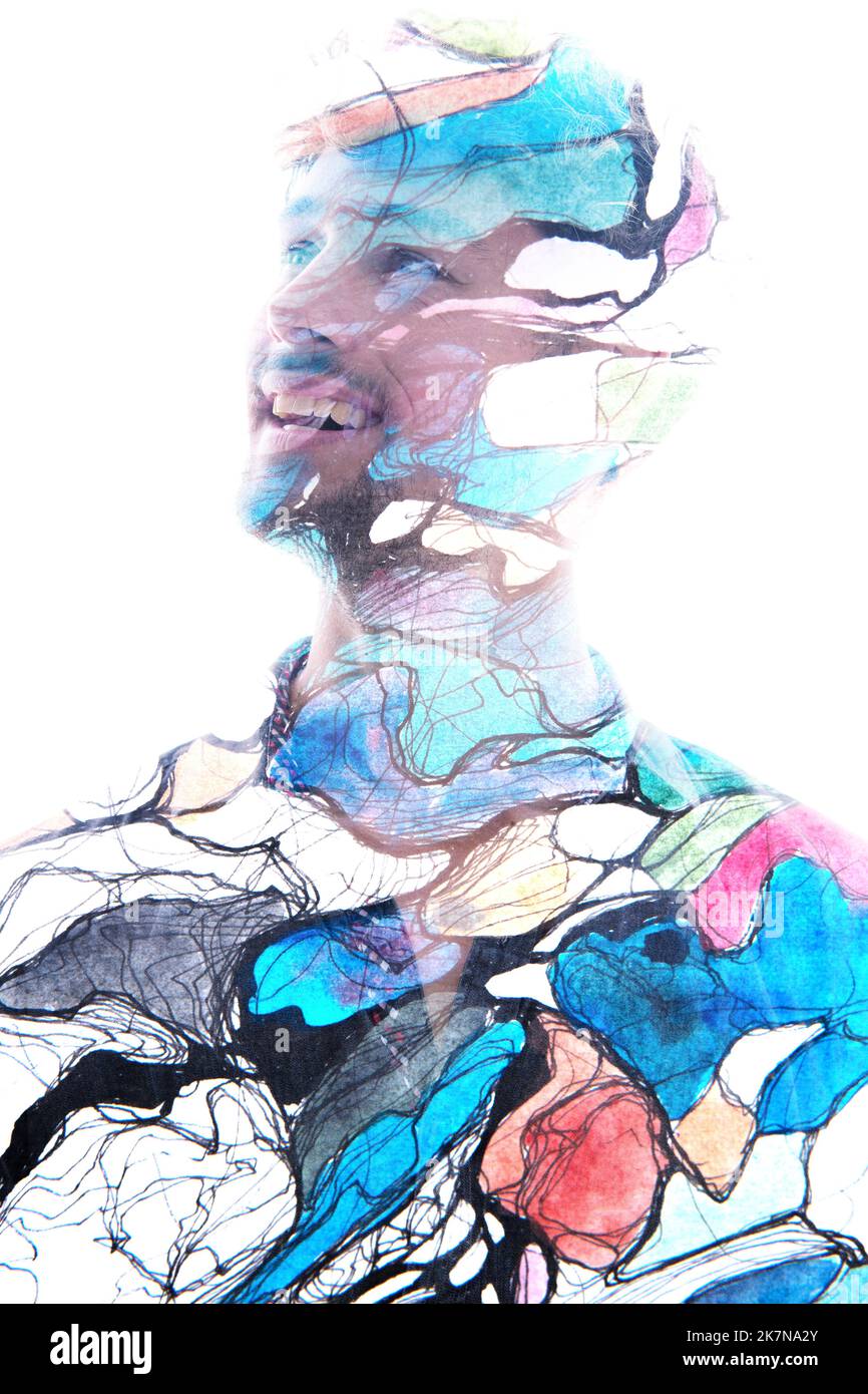 homme artistique à double exposition et portrait graphique coloré Banque D'Images