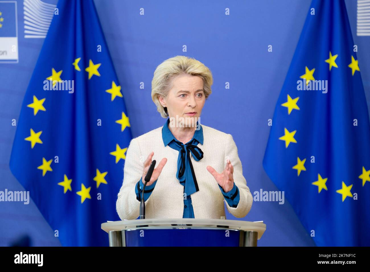 Belgique, Bruxelles, on 18 mai 2022: Ursula von der Leyen, Présidente de la Commission européenne, lors d'une conférence de presse pour présenter le plan REPowerEU, a Banque D'Images