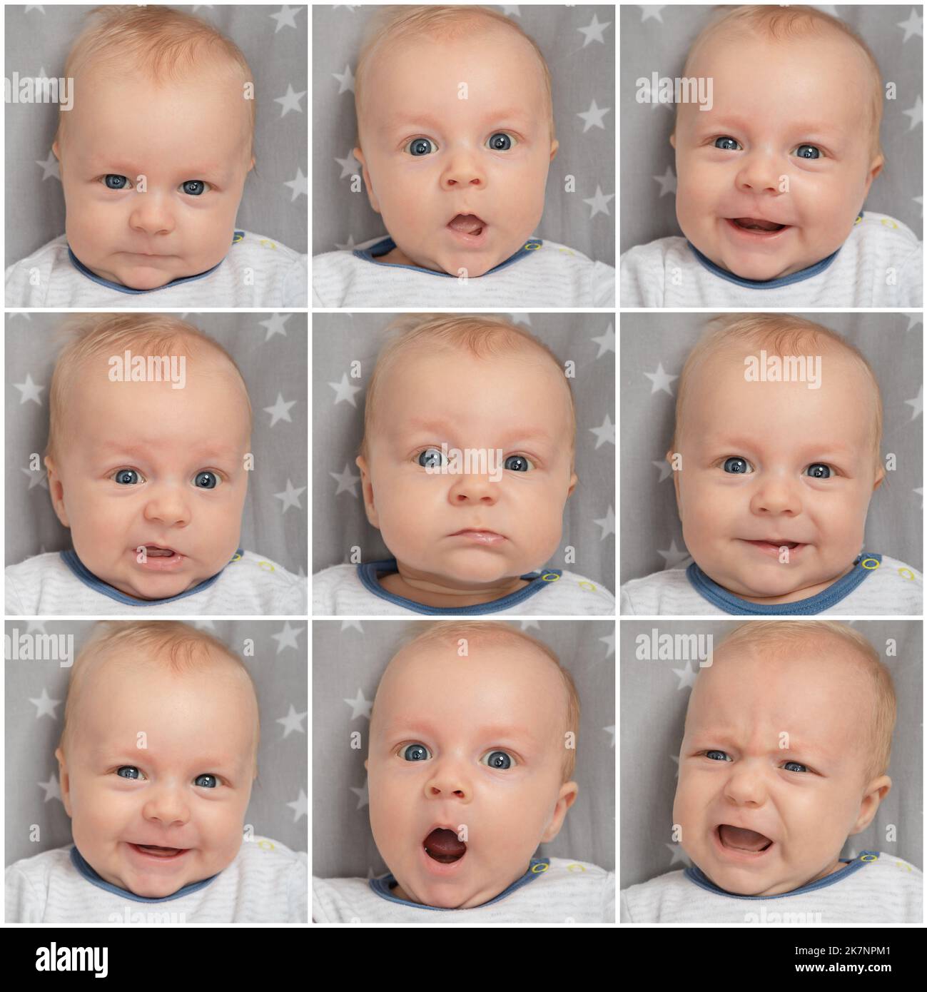 Collage du visage mignon nouveau-né bébé, gros plan. Portrait de l'enfant avec les yeux bleus. Expression du visage, différentes émotions. Banque D'Images