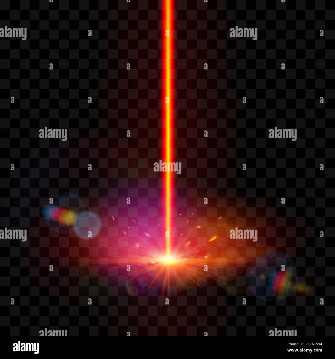 Faisceau laser rouge avec des étincelles brillantes. impact de tir laser. Effet de lumière. Découpe du métal CNC laser. Mocap vectoriel. Elément de conception. Illustration de Vecteur