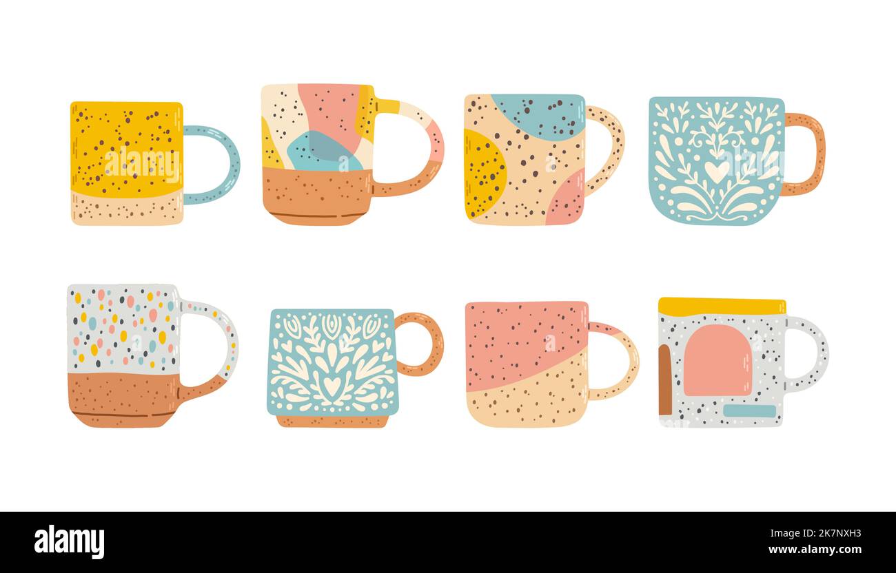 Collection de différentes tasses modernes décorées avec des éléments design illustration vectorielle plate Illustration de Vecteur