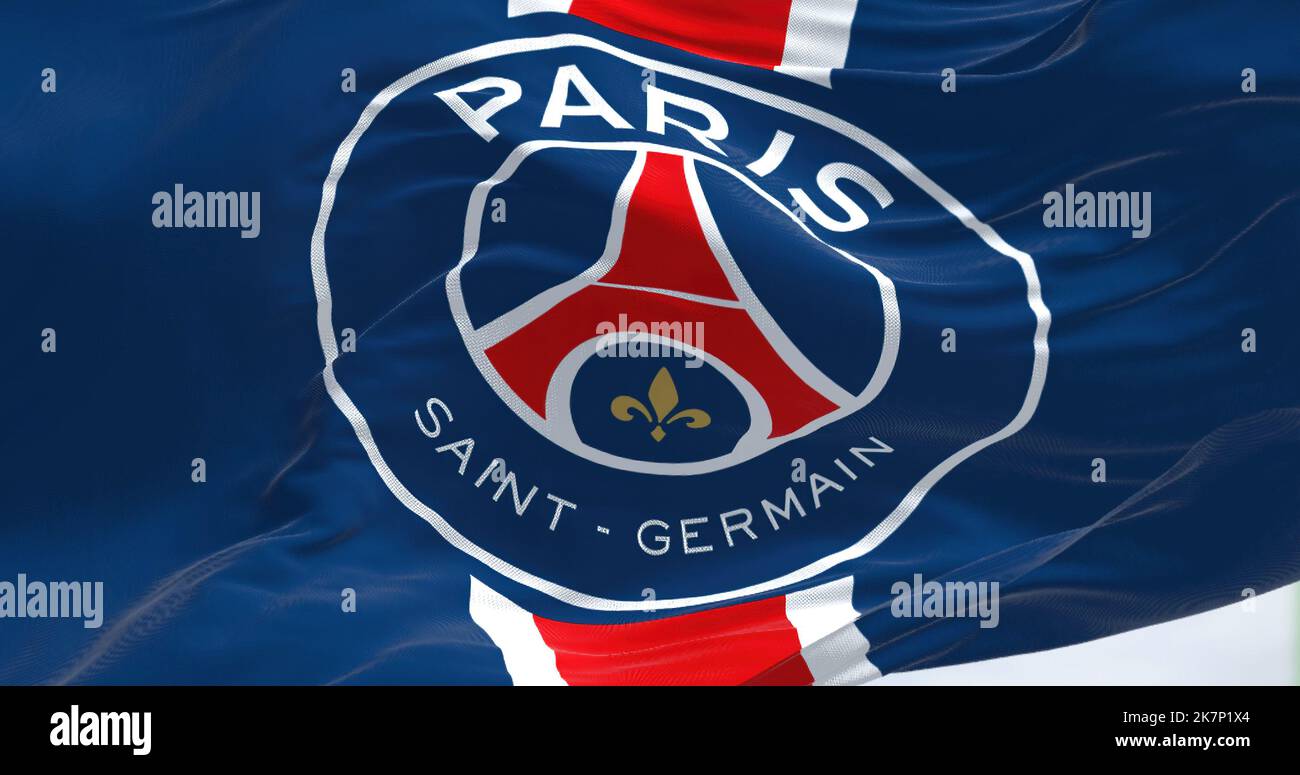 Paris, FRA, sept 2022 : vue rapprochée du drapeau du club de football Paris Saint Germain. Paris Saint Germain est un club de football professionnel basé moi Banque D'Images