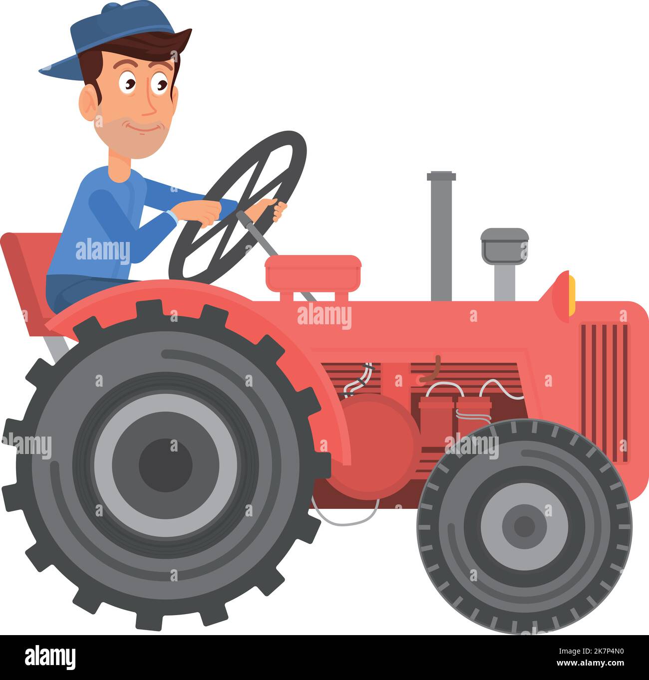 Homme à bord du tracteur. Travail de la ferme de dessin animé. Véhicule agricole Illustration de Vecteur