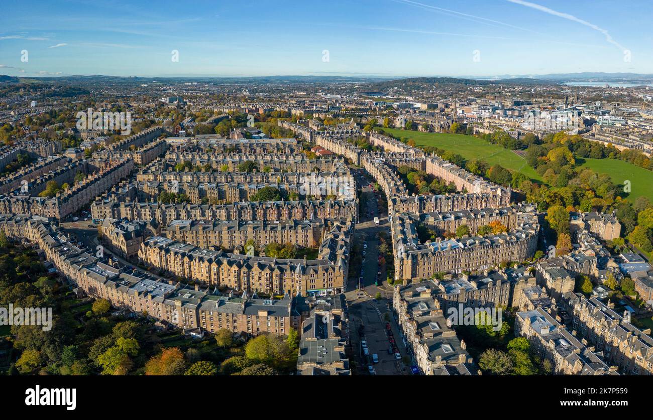 Vue aérienne des maisons de résidence dans le quartier résidentiel haut de gamme de Marchmont à Édimbourg, Écosse, Royaume-Uni Banque D'Images