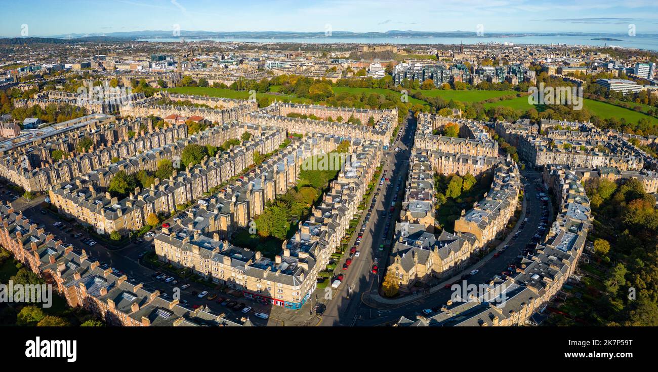 Vue aérienne des maisons de résidence dans le quartier résidentiel haut de gamme de Marchmont à Édimbourg, Écosse, Royaume-Uni Banque D'Images