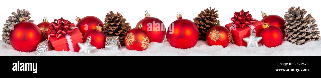Décoration de Noël avec boules baubles cadeau présent ornements déco bannière isolée sur blanc Banque D'Images