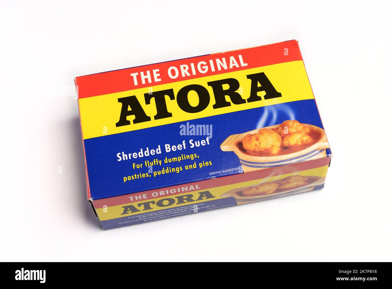 Boîte de la suet de boeuf déchiquetée d'Atora originale qui est une graisse saturée utilisée dans la cuisson des tartes etc Banque D'Images