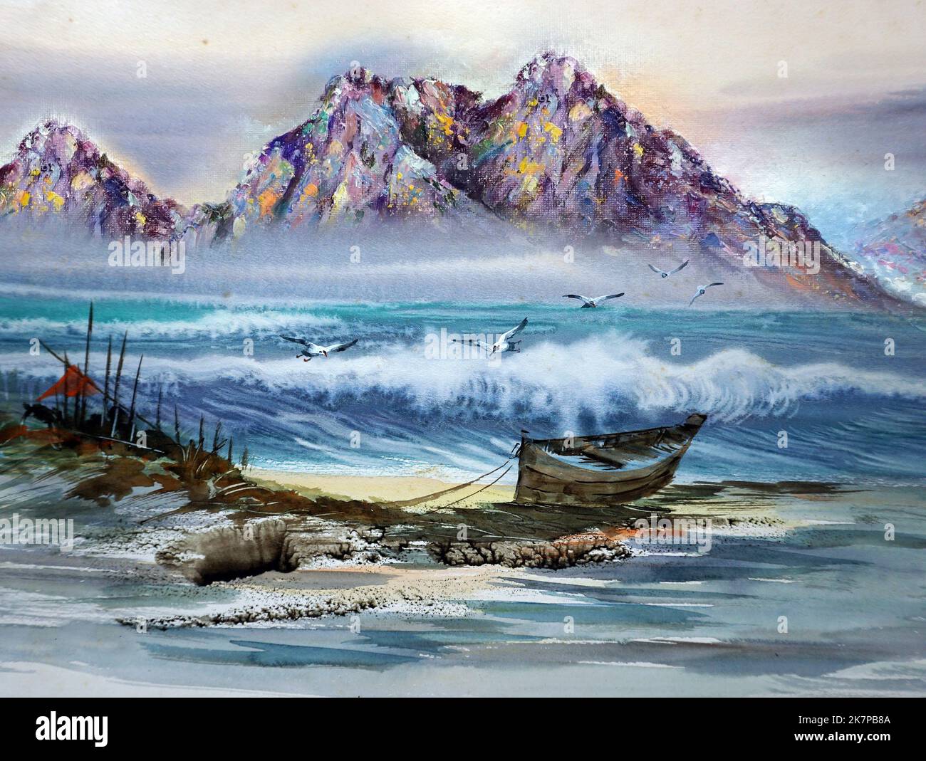 Art peinture aquarelle, mer venteuse et bateaux de pêche , phuket thaïlande Banque D'Images