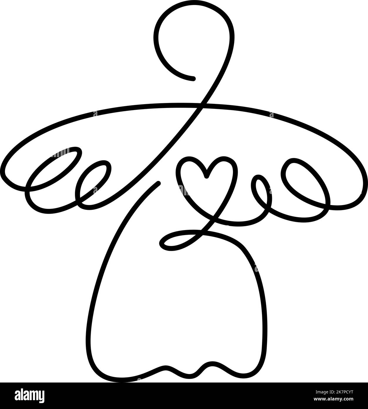 Ange de Noël simple vectoriel avec coeur, dessin de ligne continue