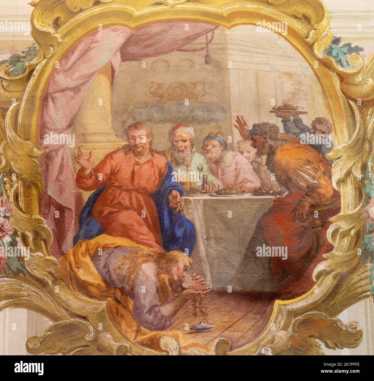 CHIAVENA, ITALIE - 20 JUILLET 2022 : la fresque de la Cène de Jésus par Simon le Pharisien dans l'église San Lorenzo Banque D'Images