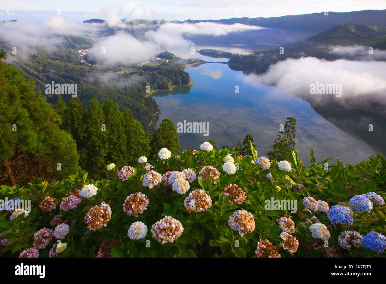 Portugal, Açores, île de Sao Miguel, Sete Cidades, Lagoa Verde, Lagoa Azul, Banque D'Images