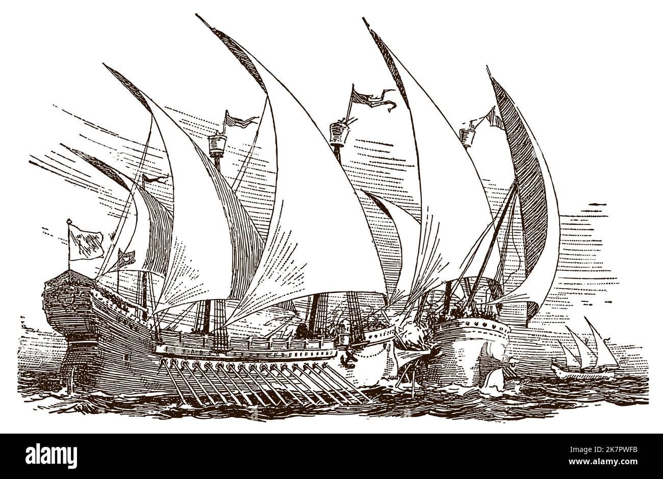 Une galère vénitienne antique qui s'attaque à un navire ennemi Illustration de Vecteur