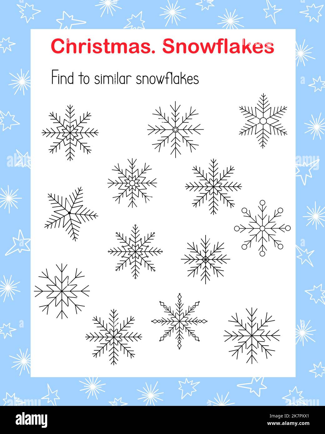 Trouvez deux activités éducatives similaires de flocons de neige pour les enfants, jeu de puzzle d'hiver, feuille de travail d'illustration de vecteur simple pour le plaisir et les loisirs, Noël, fête de nouvel an Illustration de Vecteur