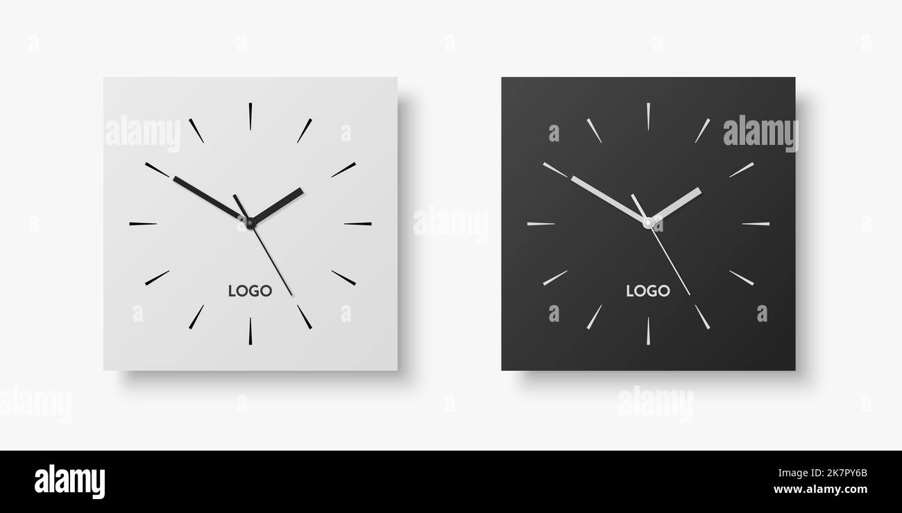Vector 3D Realistic White, Black Square Wall Office Clock Set, modèle de conception isolé sur blanc. Composer avec des chiffres romains. Maquette de l'horloge murale pour Illustration de Vecteur
