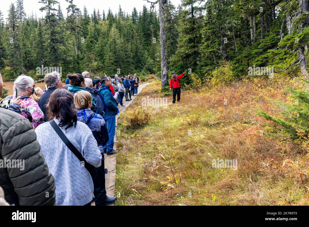 Les touristes en pleine nature se promènaient à Icy Strait point, Hoonah, Alaska, États-Unis Banque D'Images