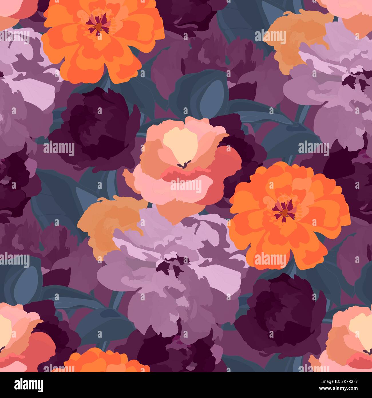 Illustration de fleurs de jardin bordeaux, violettes, violettes, oranges Illustration de Vecteur