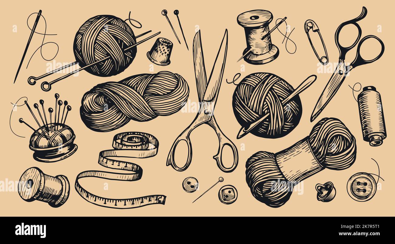 Coudre les éléments de l'ensemble de concepts. Aiguilles à tricoter et à bout, fil de laine, ciseaux à tailleur, aiguille, fil. Vecteur d'esquisse vintage Illustration de Vecteur