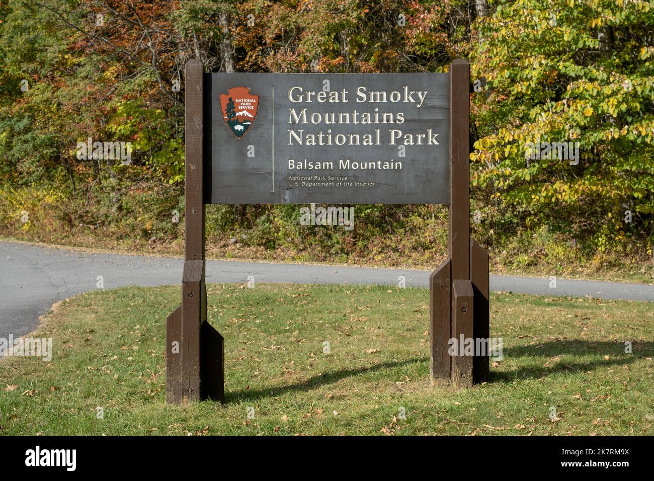 Parc national des Great Smoky Mountains panneau marquant l'entrée de la montagne Balsam. Banque D'Images