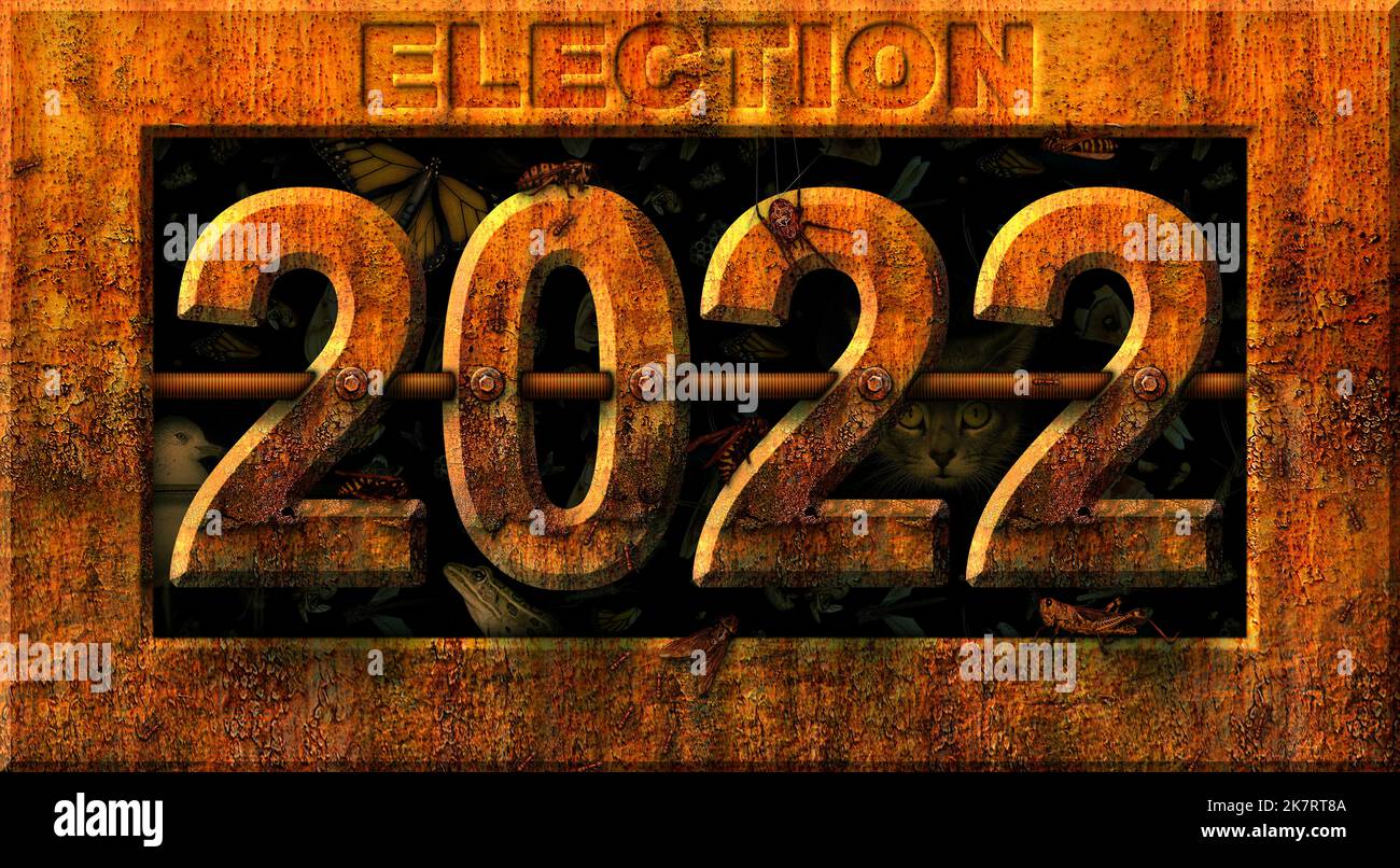 Les numéros rouillés orthographiant élection 2022 sont boulonnés sur un long boulon contre un fond noir. Plusieurs animaux et imcoupes sont sur les nombres et dans le Banque D'Images