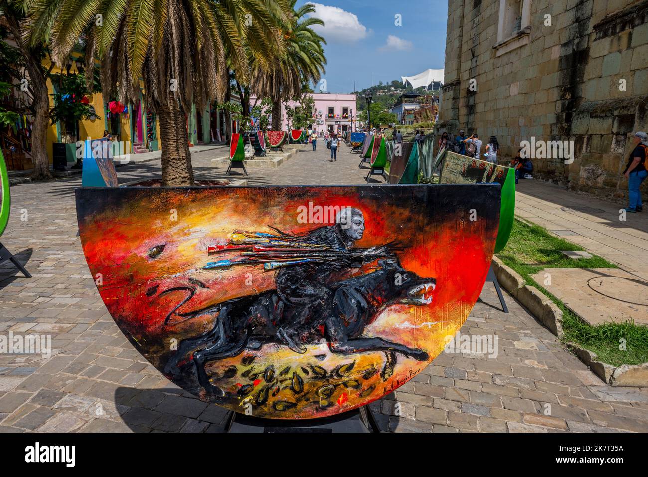 Art exposé dans les rues de l'ancien centre historique de la ville d'Oaxaca de Juarez, Oaxaca, Mexique. Banque D'Images