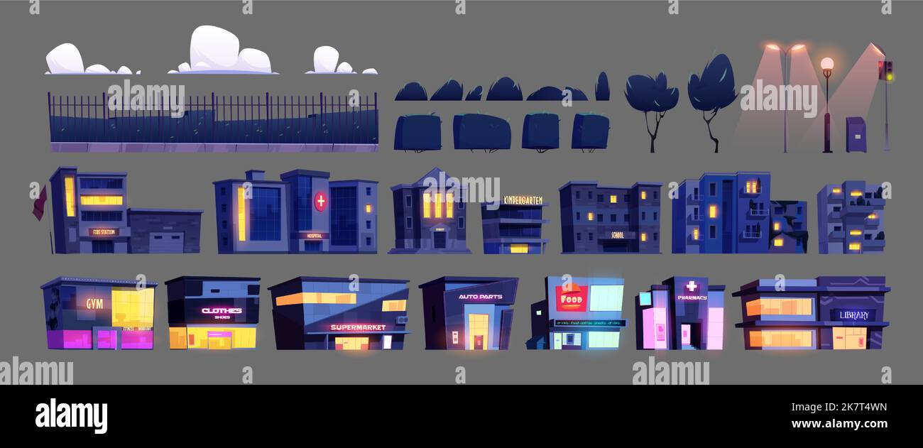 Éléments de ville de nuit, constructeur de rue, architecture urbaine design objets ensemble isolé. Maisons de dessins animés, bâtiments de magasin, lampes de rue, arbres, nuages, Bac à litière, feux de circulation, illustration Vector Illustration de Vecteur