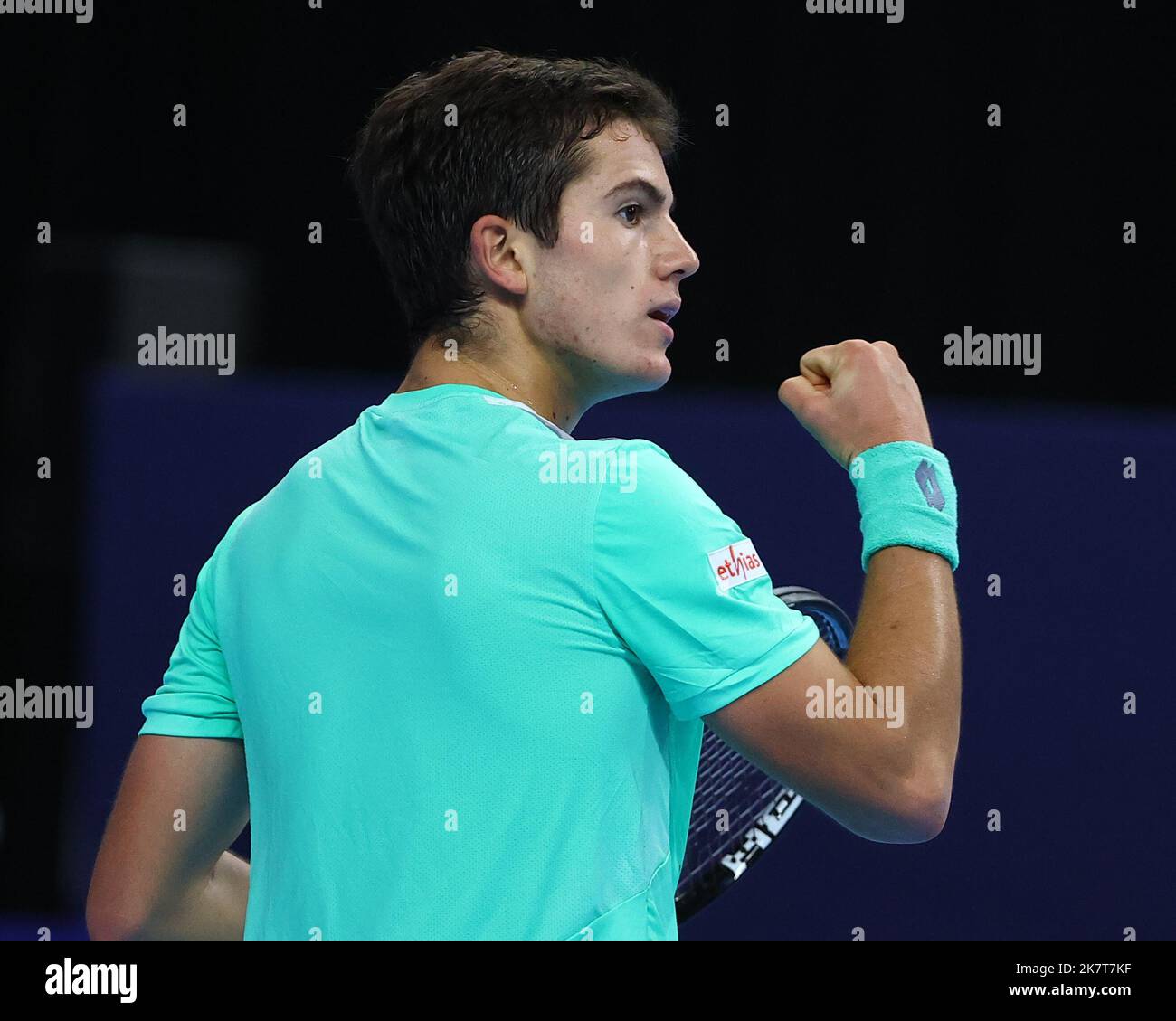 Jeune belge Gilles-Arnaud Bailly photographié lors du premier tour de match entre Bailly belge et Goffin belge lors du tournoi ATP de tennis ouvert européen à Anvers, mardi 18 octobre 2022. BELGA PHOTO DAVID PINTENS Banque D'Images