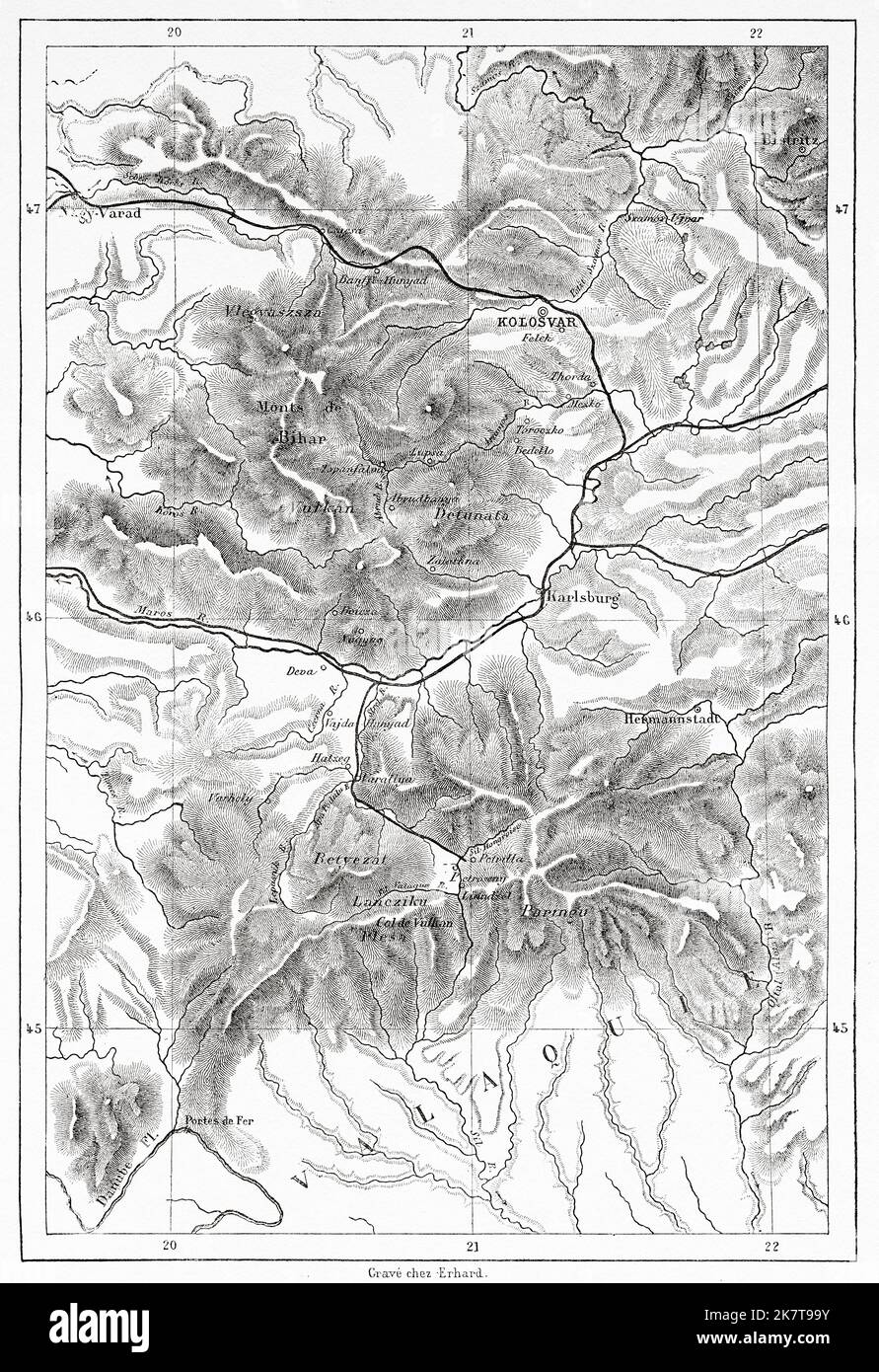 Carte d'une partie de la Transylvanie du voyage d'Elisee Reclus, Roumanie. Europe. Voyage dans les régions minières de l'ouest de la Transylvanie par Jacques Elisee Reclus, 1873 Banque D'Images