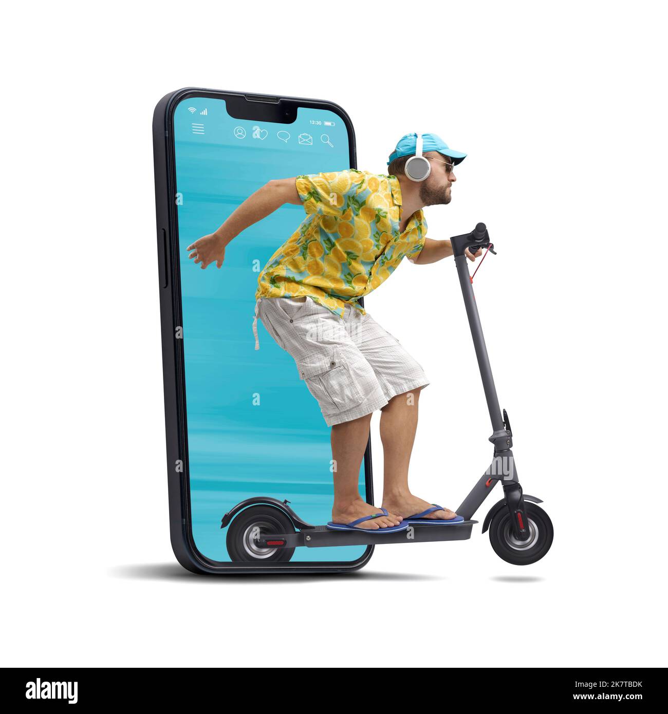 Cool homme à conduire un scooter électrique rapide et sortir d'un écran de smartphone, isolé sur fond blanc Banque D'Images