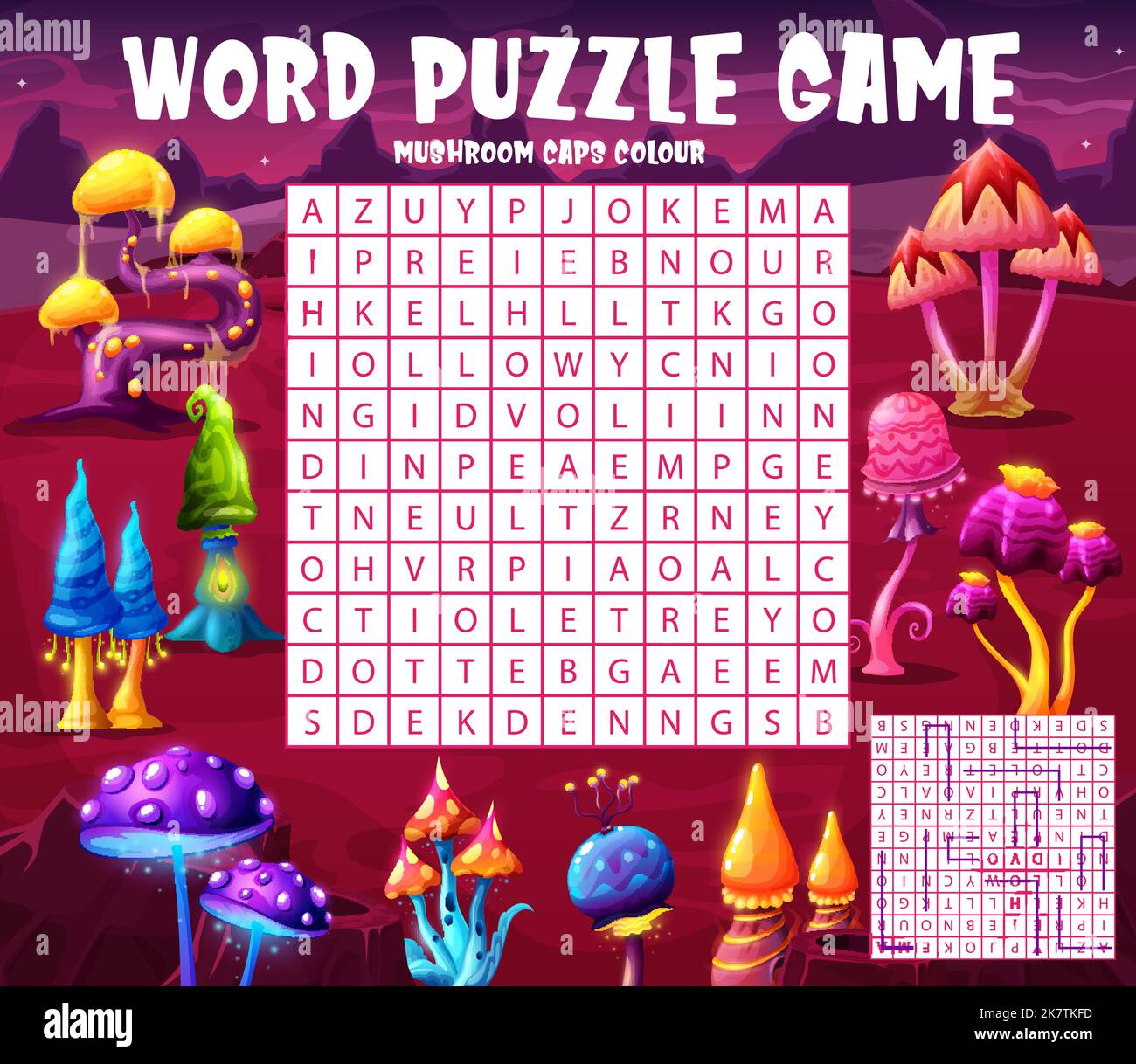 Trouvez une couleur d'extraterrestre magie champignons majuscules mot recherche jeu de puzzle fiche de jeu. Grille de quiz pour enfants, jeu de puzzle pour enfants de jardin d'enfants ou énigme de vecteur logique pour enfants avec des mots dans des lettres trouver la tâche Illustration de Vecteur