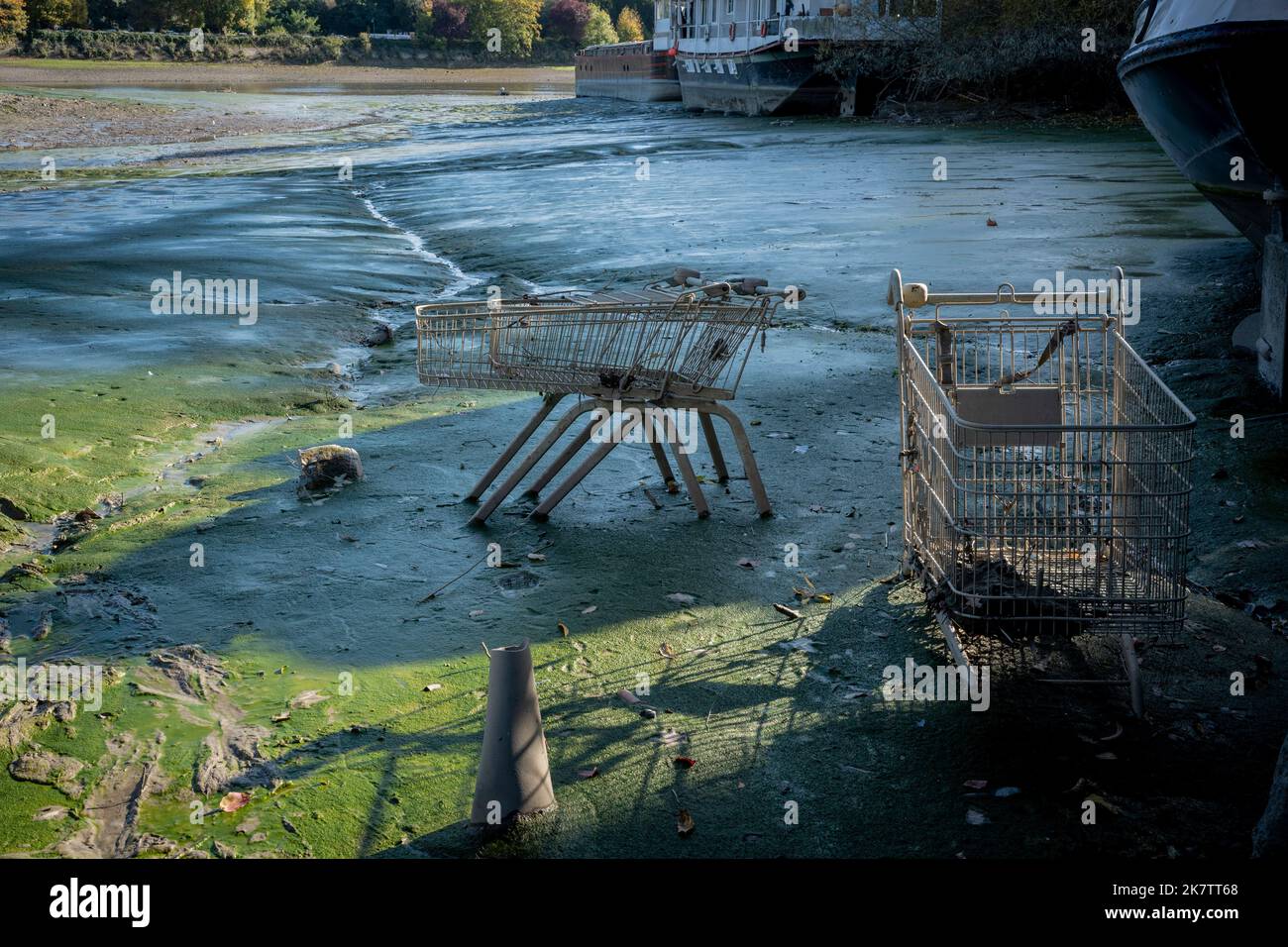 Les trolleys de supermarché et les autres déchets déversés sont situés dans la boue et le limon de rivière à marée basse à Lot's ait à Brentford, le 18th octobre 2022, à Londres, en Angleterre. Banque D'Images