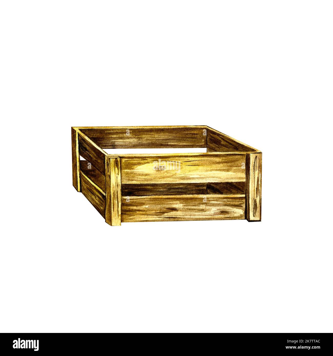 Boîte en bois pour le stockage des fruits et légumes. Caisse de jardin vide ou boîte de fruits aquarelle illustration isolée sur fond blanc. Vue avant d'un WO Banque D'Images