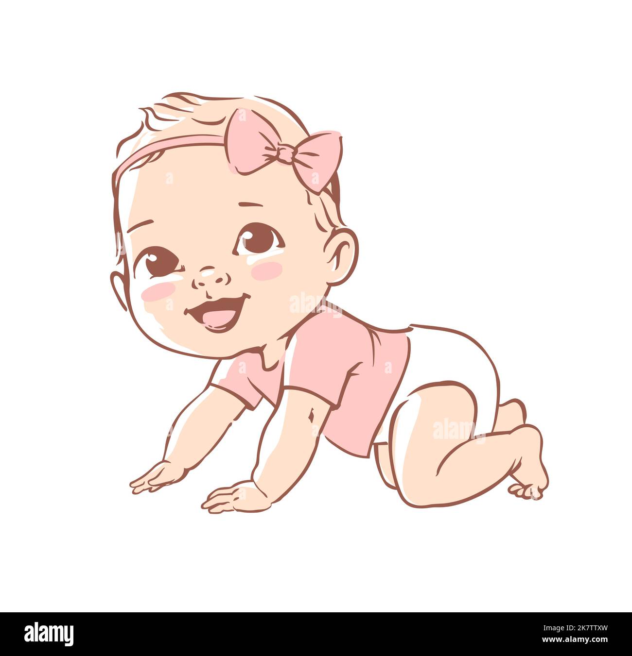 Petite fille mignonne en couches. Bébé actif de 3-12 mois. Première année de développement de bébé. Nouveau-né rampant et souriant. Illustration de Vecteur