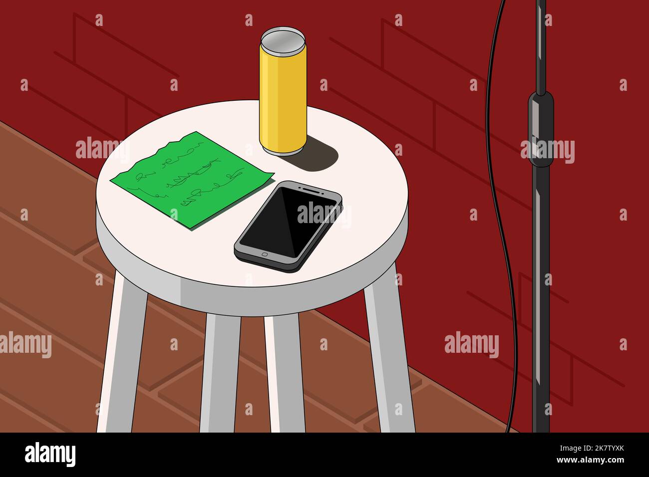 Chaise de bar, support de microphone à l'événement de comédie Stand up. Feuille avec notes, boîte de boisson, smartphone allongé sur un tabouret. Attributs de stand-up. Illustration de Vecteur