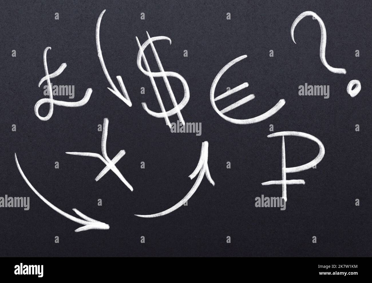 Symboles des devises internationales dollar américain, euro, livre sterling, rubble, Yuan chinois et graphique tarifaire par craie sur le tableau noir, bus Banque D'Images