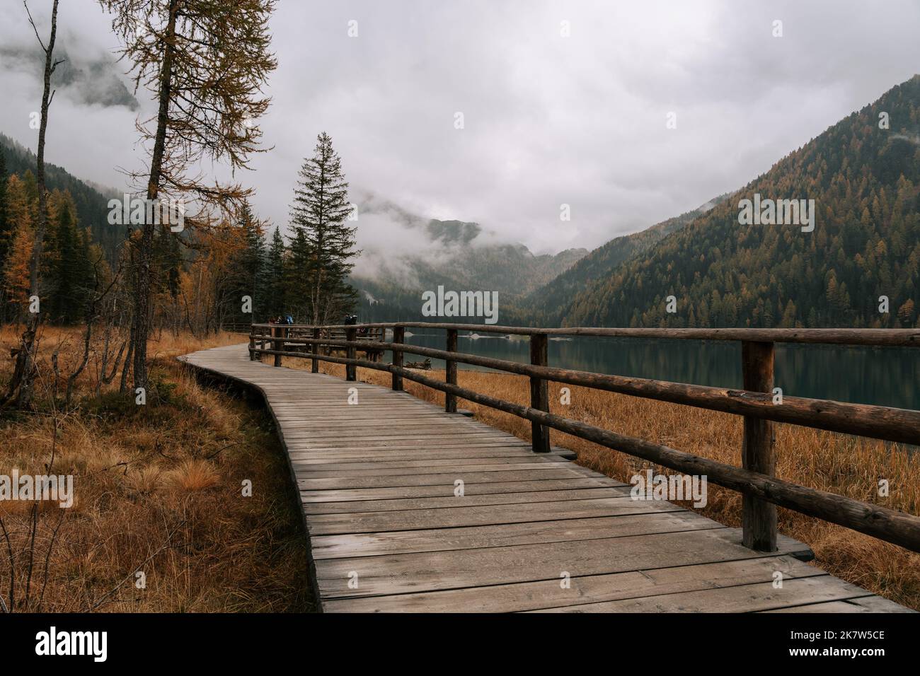 Wanderweg / Holzsteg am Antolzer Voir dans den Dolomiten. Herbstliche Landschaft am See à Südtirol. Banque D'Images