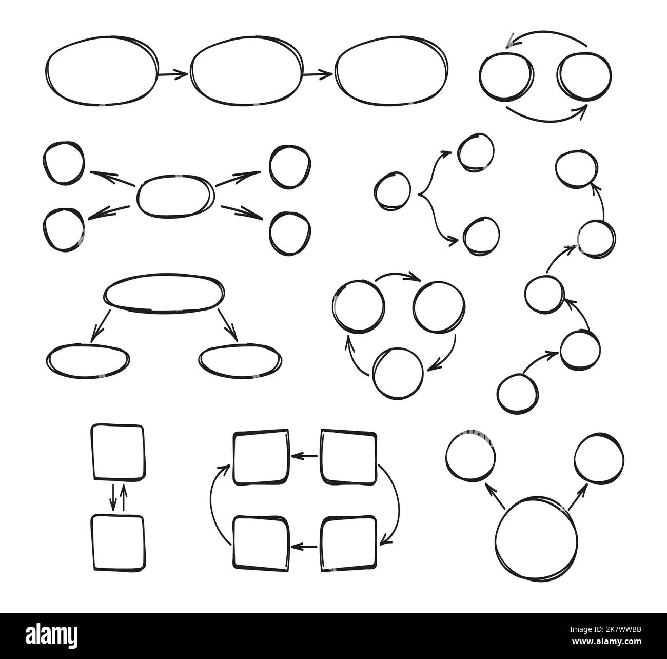 Vecteur de l'ensemble d'infographies Doodle. Infographie cercle, flèche, carré vierge. Zones de texte et flèches pour créer des diagrammes de séquence ou des présentations professionnelles Illustration de Vecteur