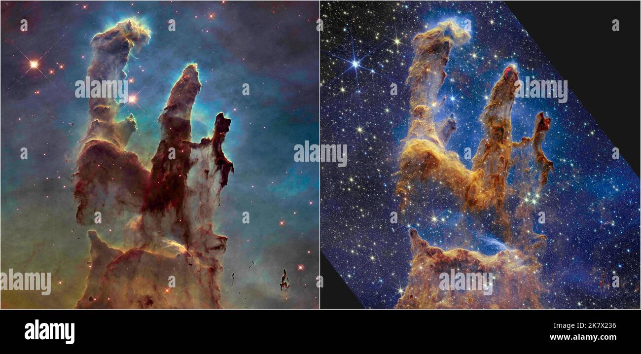 Le télescope spatial Hubble de la NASA a rendu célèbres les piliers de la création avec sa première image en 1995, mais a revisité la scène en 2014 pour révéler une vue plus nette et plus large en lumière visible, illustrée ci-dessus à gauche. Une nouvelle vue à la lumière proche infrarouge du télescope spatial James Webb de la NASA, à droite, nous aide à mieux observer la poussière dans cette région où se forment les étoiles. Les piliers épais et poussiéreux marron ne sont plus aussi opaques et de nombreuses autres étoiles rouges qui sont encore en train de se former viennent en vue. Bien que les piliers du gaz et de la poussière semblent plus sombres et moins pénétrables du point de vue de Hubble, ils apparaissent plus diaphane dans celui de Webb. Le backgr Banque D'Images