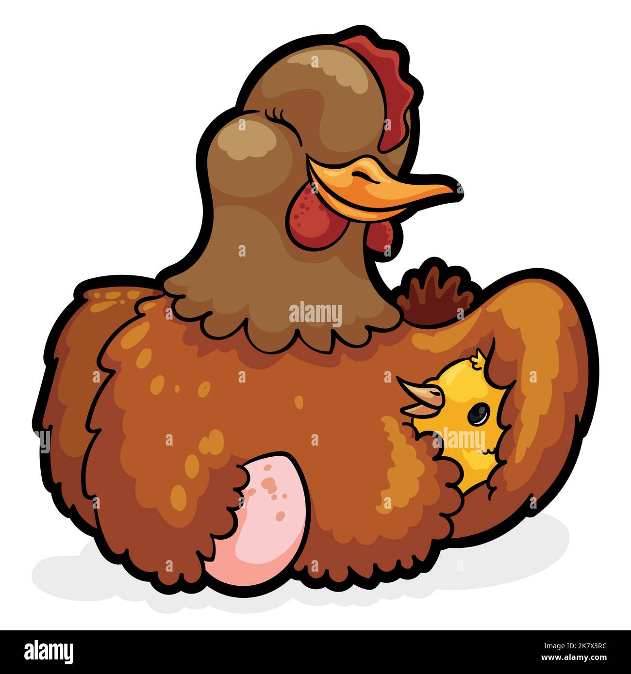Scène tendre de la mère poule, prenant soin de ses poussins sous son aile et prenant également soin de son nouvel oeuf. Illustration de Vecteur
