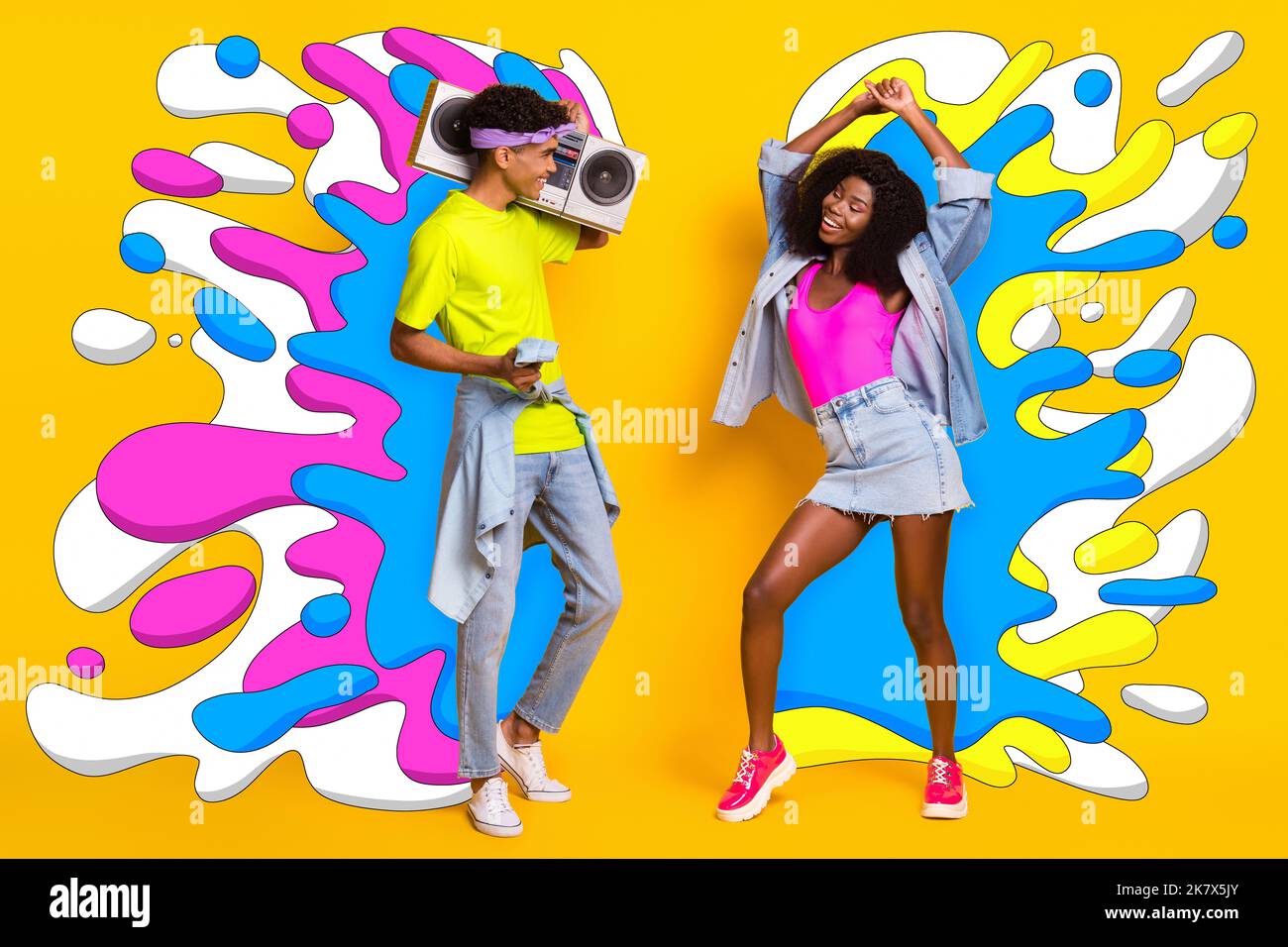 Dessin créatif collage photo de jeune homme femme couple amis danse rétro vintage mode boombox couleurs peinture éclaboussures Banque D'Images