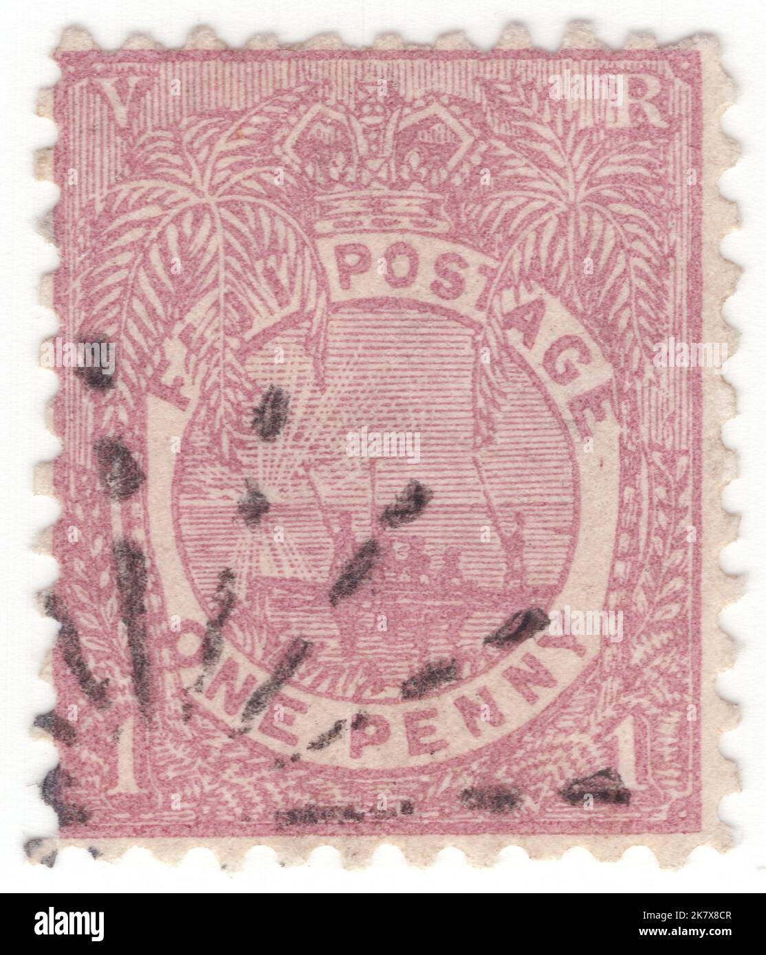 FIDJI - 1896: Timbre-poste de 1 pence rose lilas représentant le Canoe fidjien avec ornement floral Banque D'Images