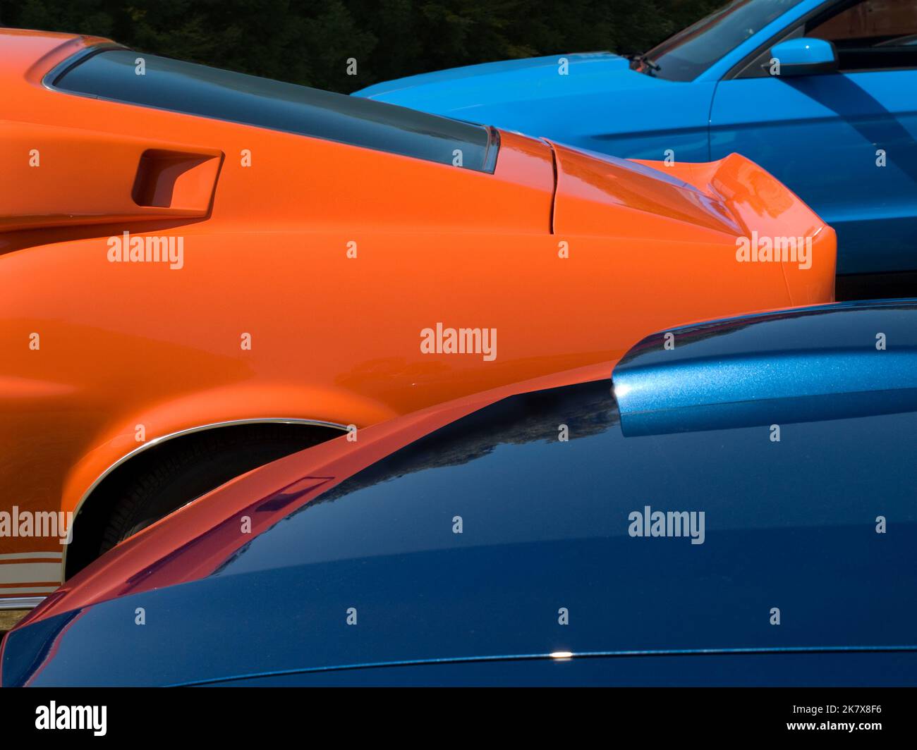ford moustangs en orange et bleu au Goodwood Festival of Speed 2009. Banque D'Images