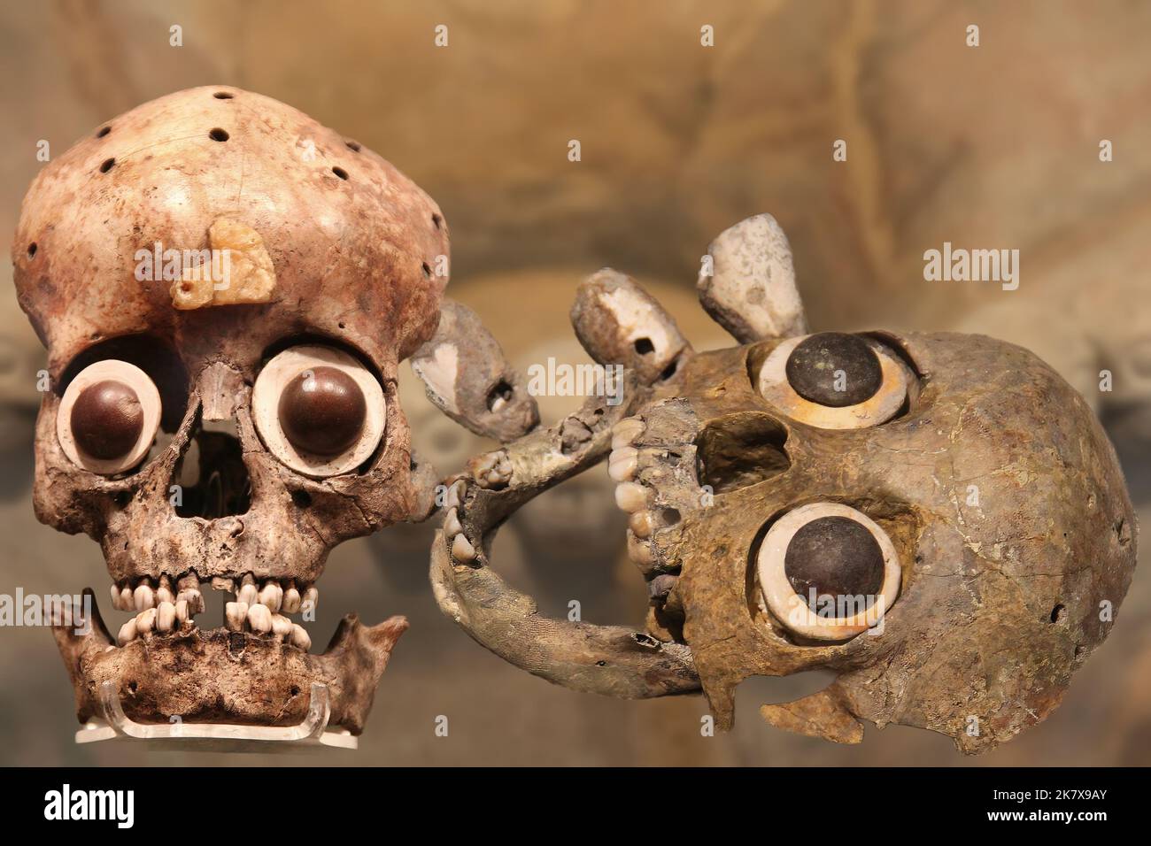 Sacrifices humains - crânes de victimes sacrificielles offertes aux dieux aztèques Banque D'Images