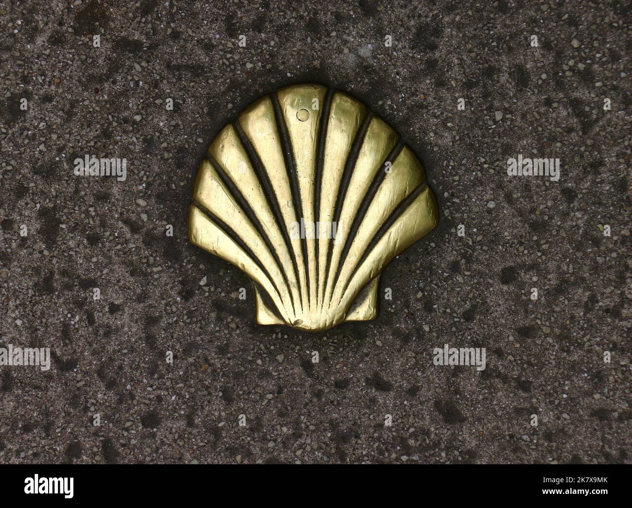 Marqueur à coquille de pétoncle en laiton sur le trottoir pour le chemin des pèlerins de Saint James Oviedo Asturias Espagne Banque D'Images
