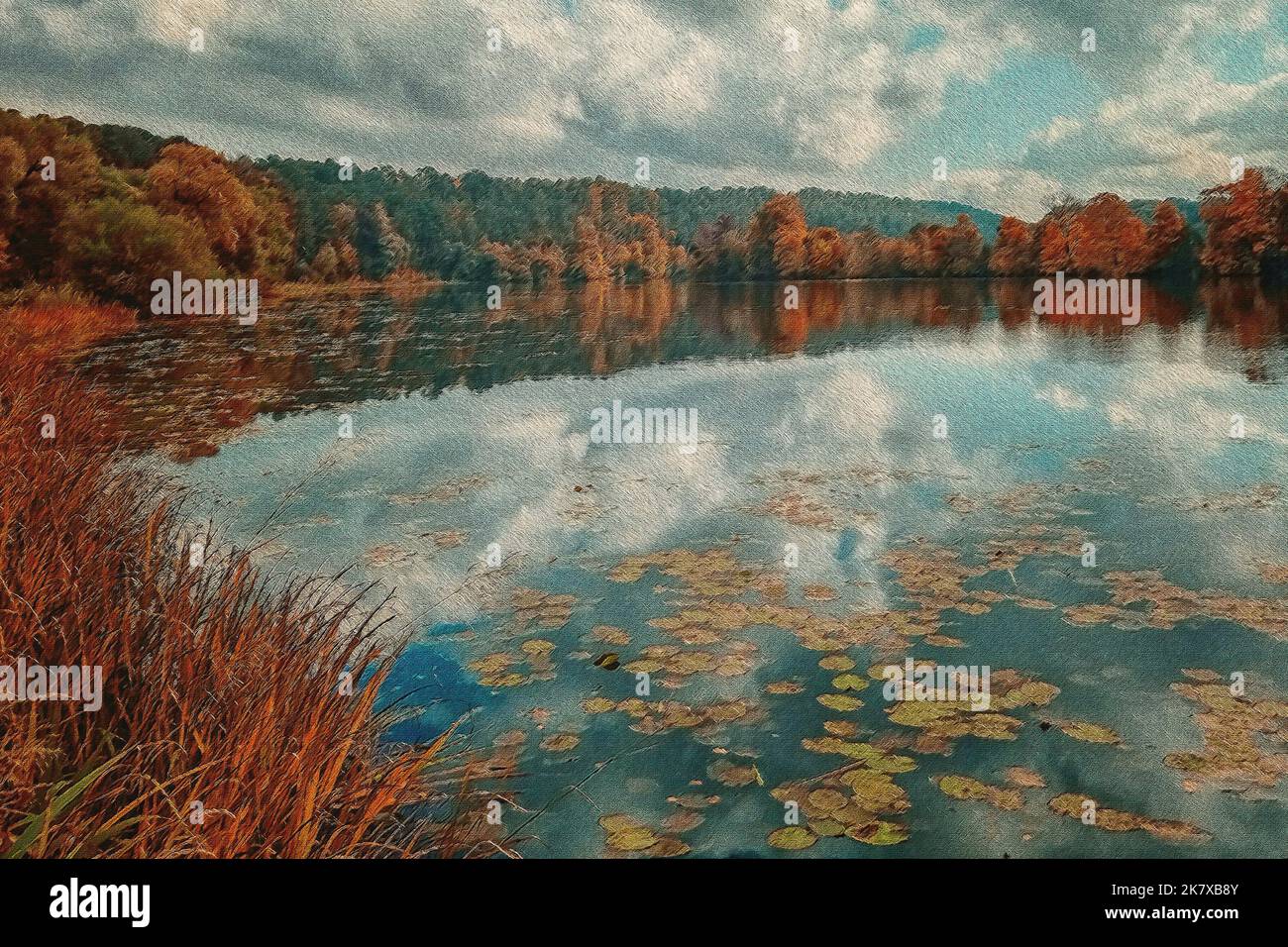 Vue sur le lac dans un agréable après-midi de fin d'automne. Peinture numérique. Banque D'Images