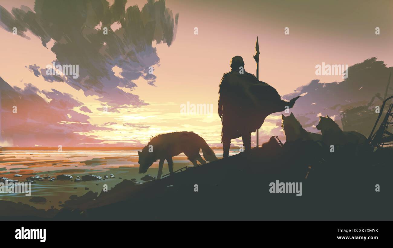 silhouette d'un guerrier avec un pack de loups regardant le ciel du coucher du soleil, style d'art numérique, peinture d'illustration Banque D'Images
