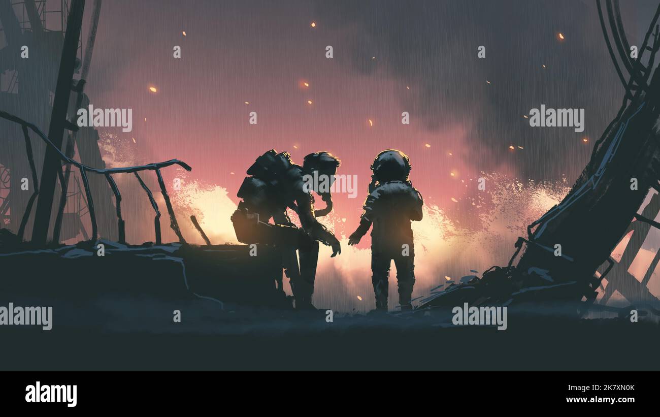 silhouette d'un homme et d'un enfant portant un costume de protection assis sur le fond de post-apocalypse, style d'art numérique, peinture d'illustration Banque D'Images