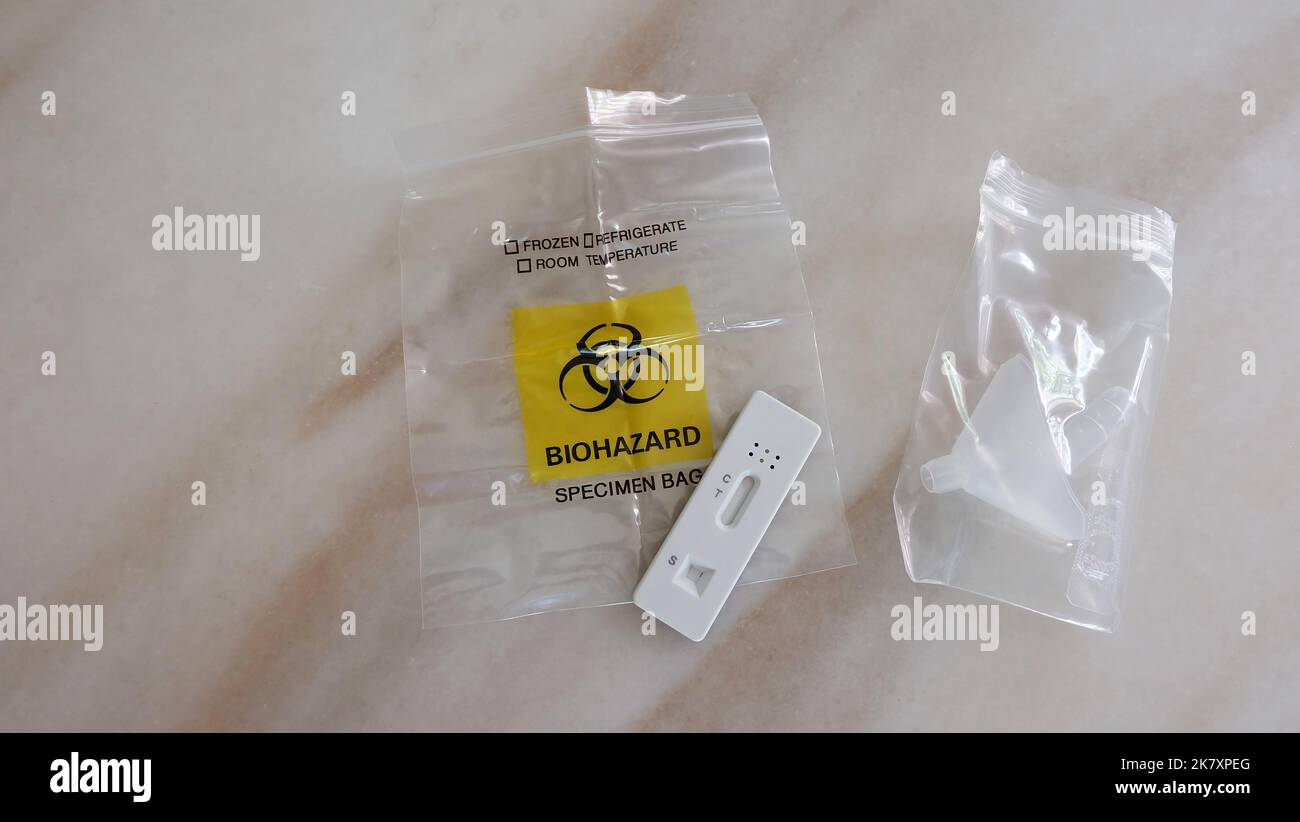 Vue de dessus d'un kit de test à domicile avec le sac pour échantillons de danger biologique, sur une table en marbre. Banque D'Images