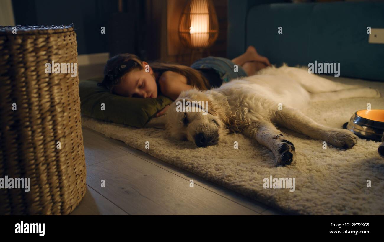 Fille couchée sur un tapis doux avec un chien, dormant ensemble, se sentant détendu après une journée saturée, passant du temps libre à la maison. Golden Retriever. Banque D'Images