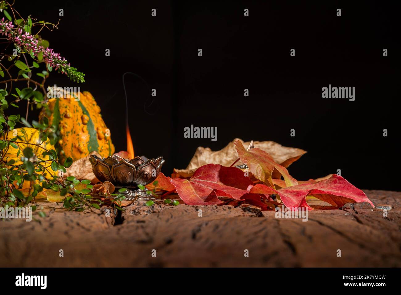 Arrière-plan avec des citrouilles, des feuilles sèches, de l'encens, du bois pour simuler l'atmosphère spirituelle. Banque D'Images