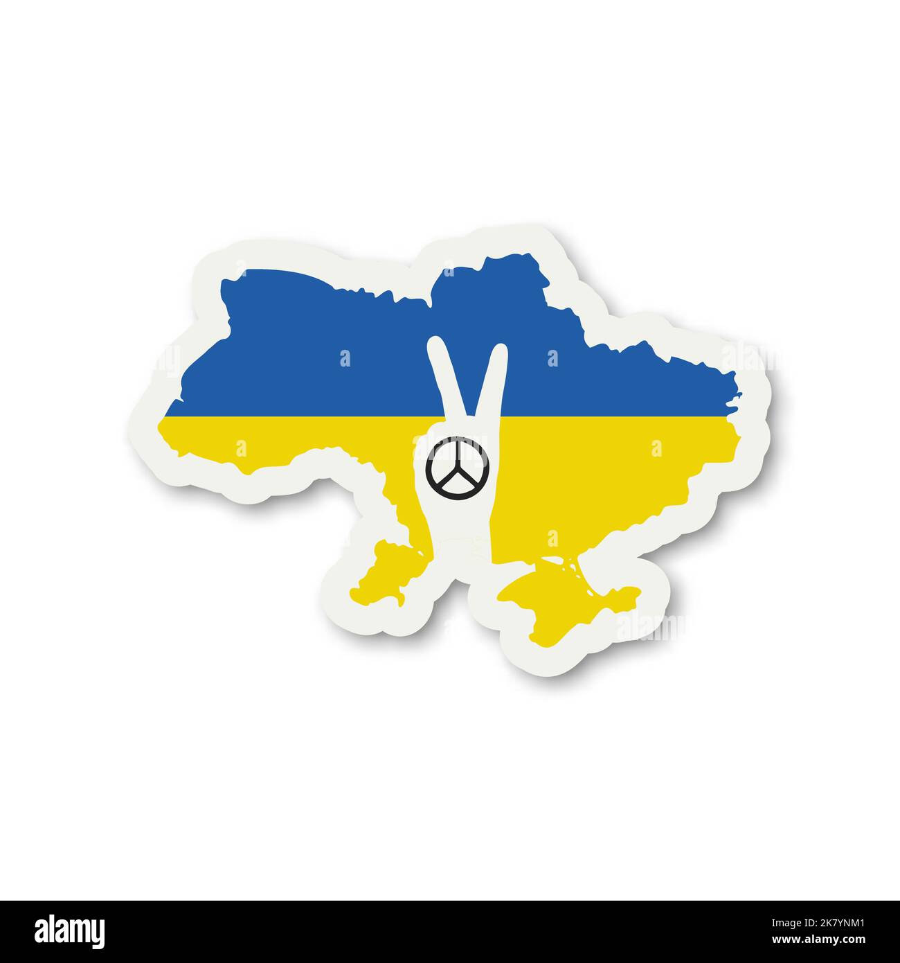 Geste de la main Pacifique signe sur l'arrière-plan de la carte de l'Ukraine dans les couleurs du drapeau ukrainien. Appel anti-guerre, symbole, autocollant en papier. Lutte Illustration de Vecteur